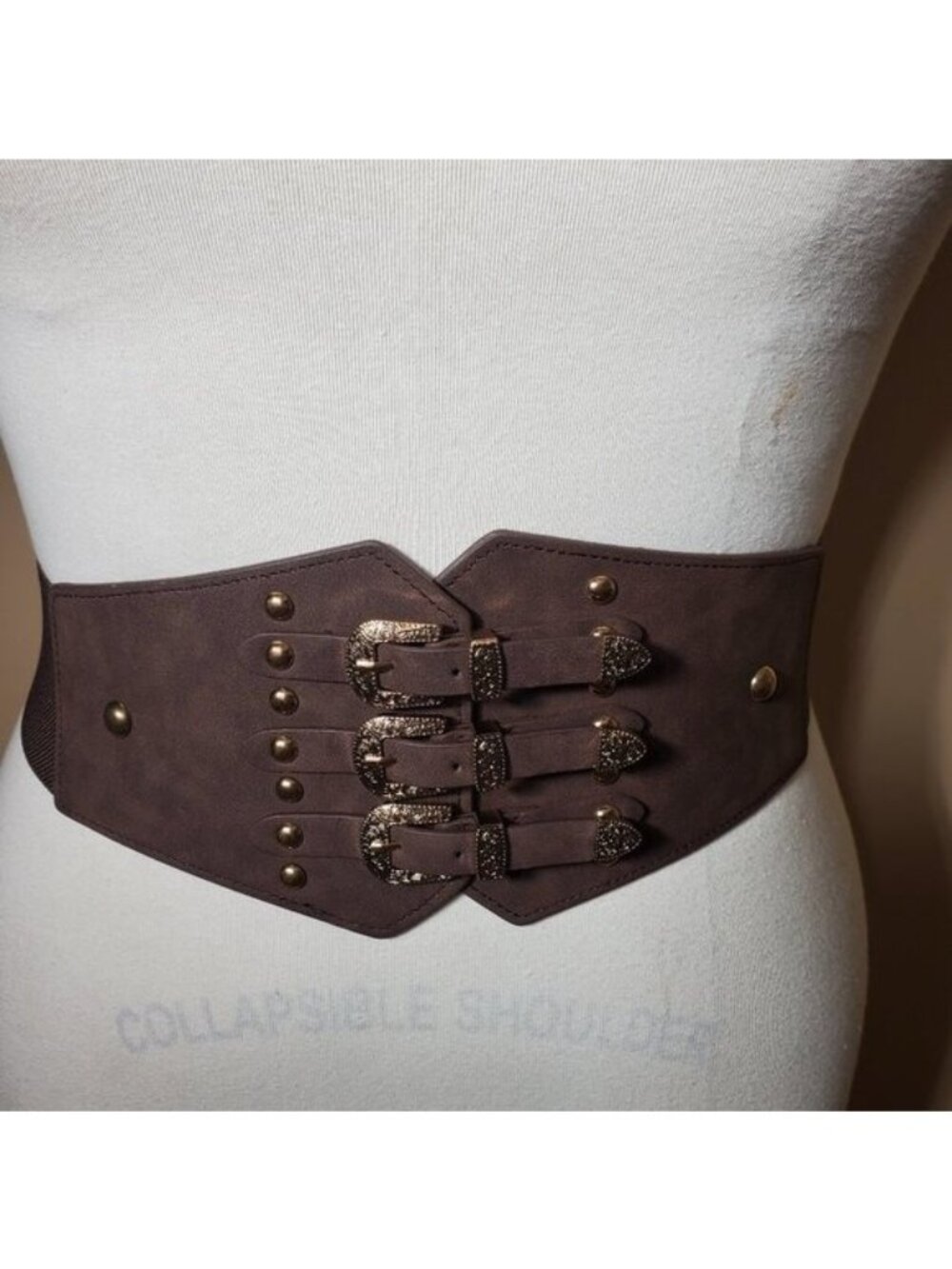 Coffee & Gold Vintage Style 3-Buckle Cumberbund Belt-Elastic Back-Snap Closure.